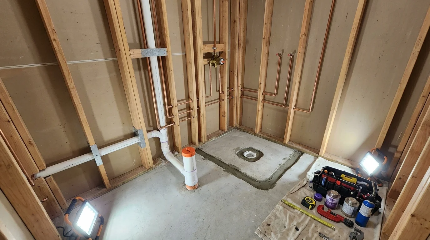 Bathroom rough-in plumbing during remodel by Johns Plumbing LLC in Bellville