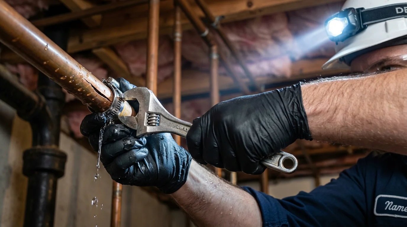 Emergency pipe clamp repair being performed by a Johns Plumbing LLC plumber in Bellville
