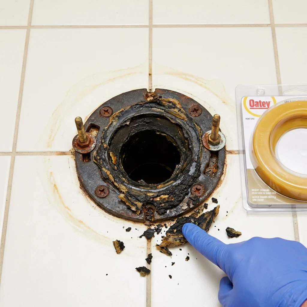 Failed wax ring showing water seepage at the base of a toilet in a Bellville, OH home