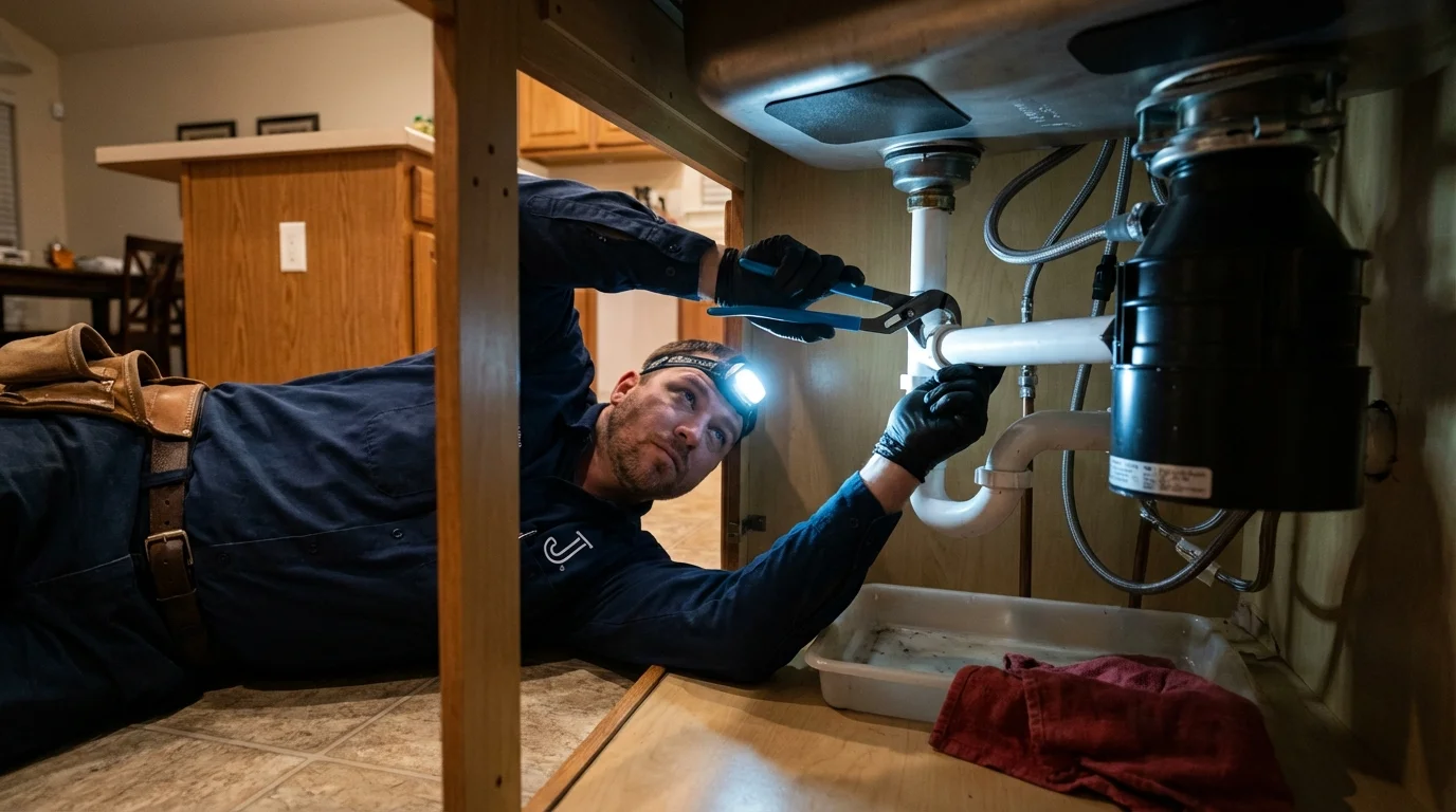 P-trap and supply line connections under a kitchen sink showing a common leak point in Bellville, OH